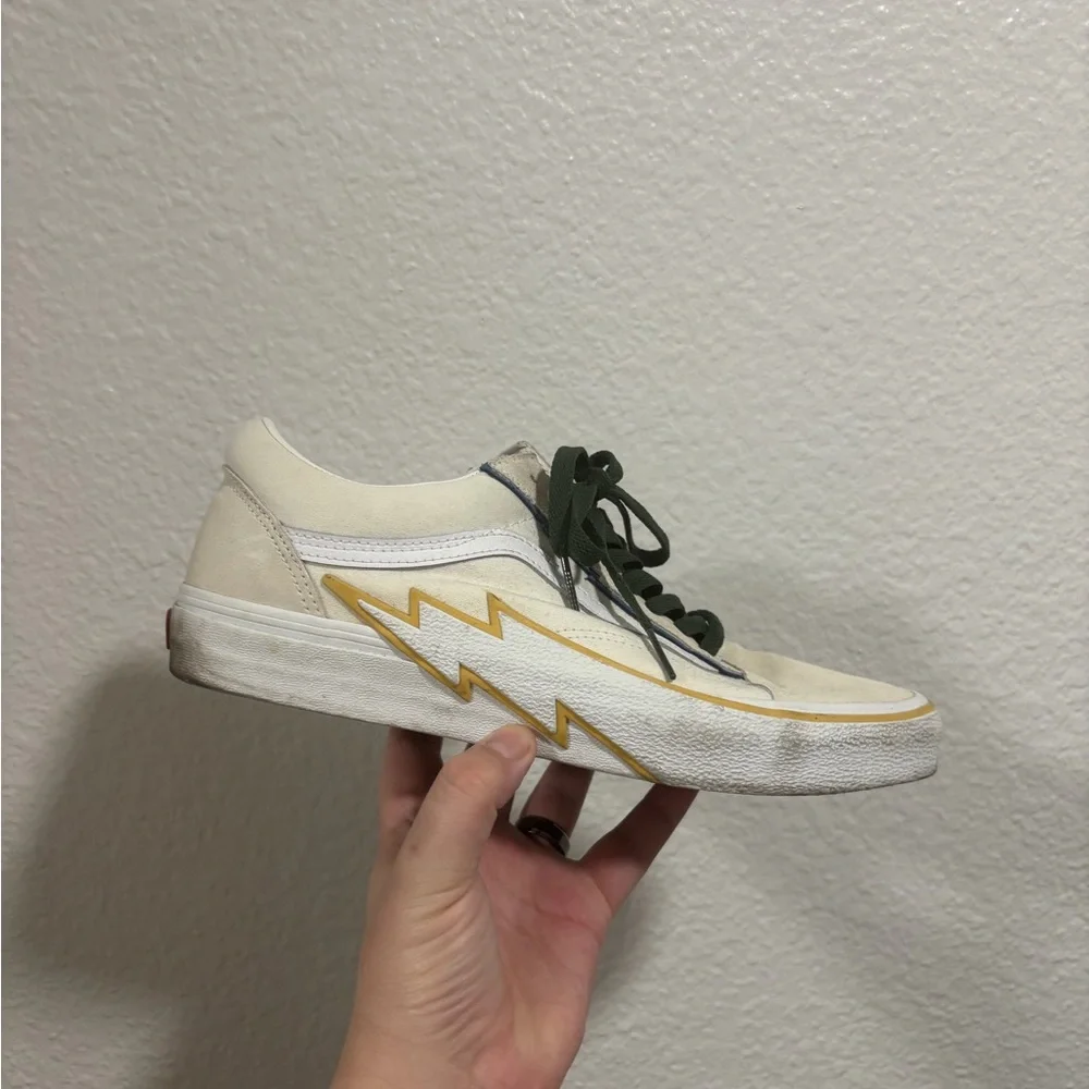 Vans Off-White Sneaker with Yellow Lightning Accent and Dark Green Laces - Picture 1 of 8